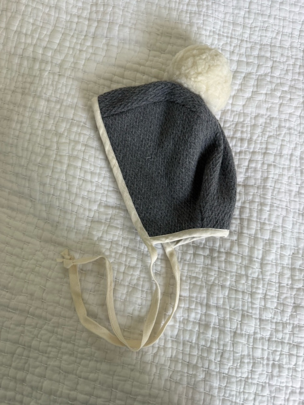 Children's Grey Knit Pom-Pom Hat with Cream Trim and Ties